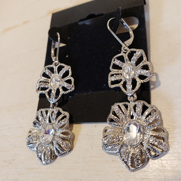 Vintage Givenchy Rhinestone Cut Out Flowers Dangle Earrings - Picture 12 of 12